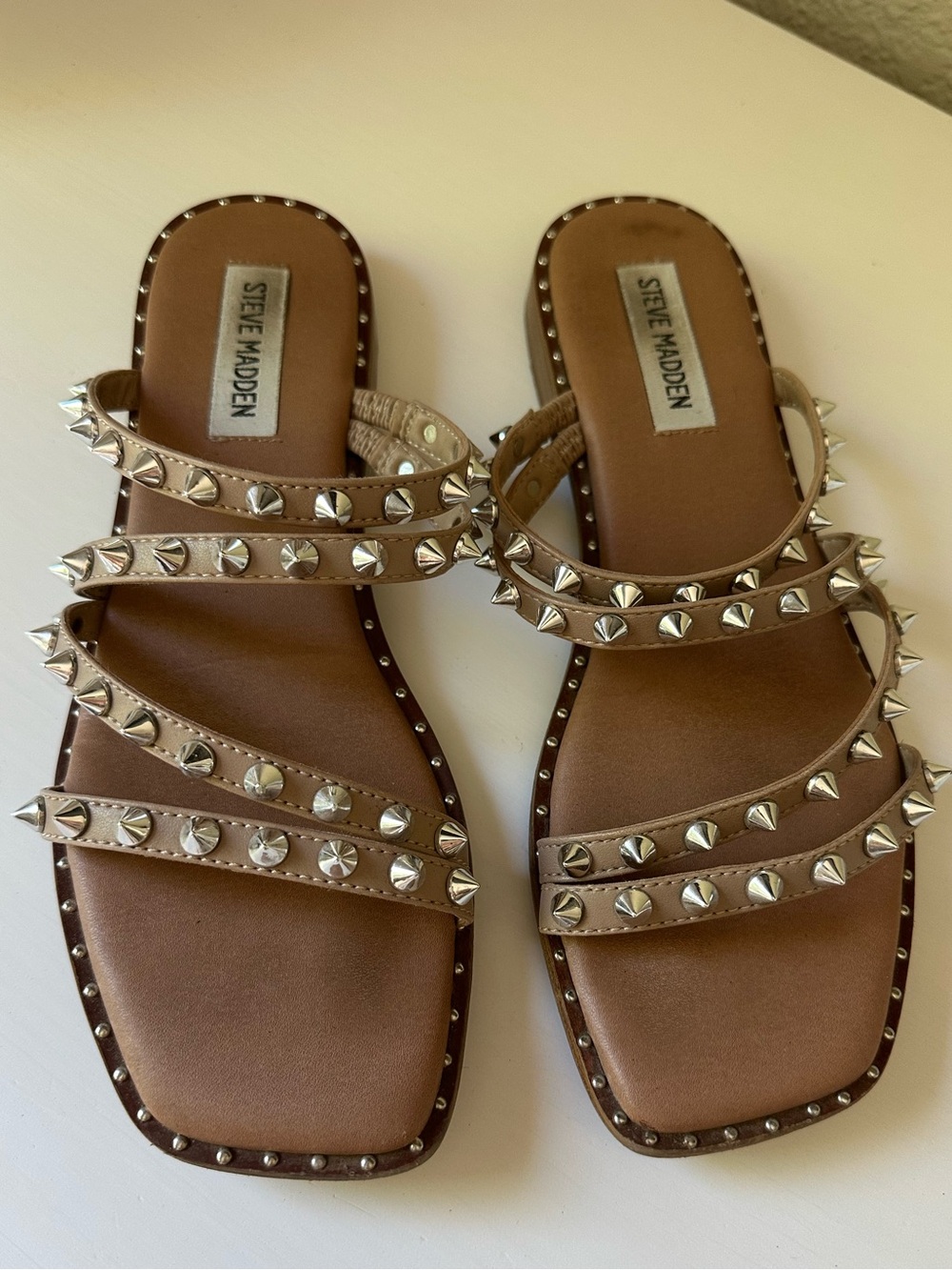 Steve Madden tan studded Strappy Slide Sandals